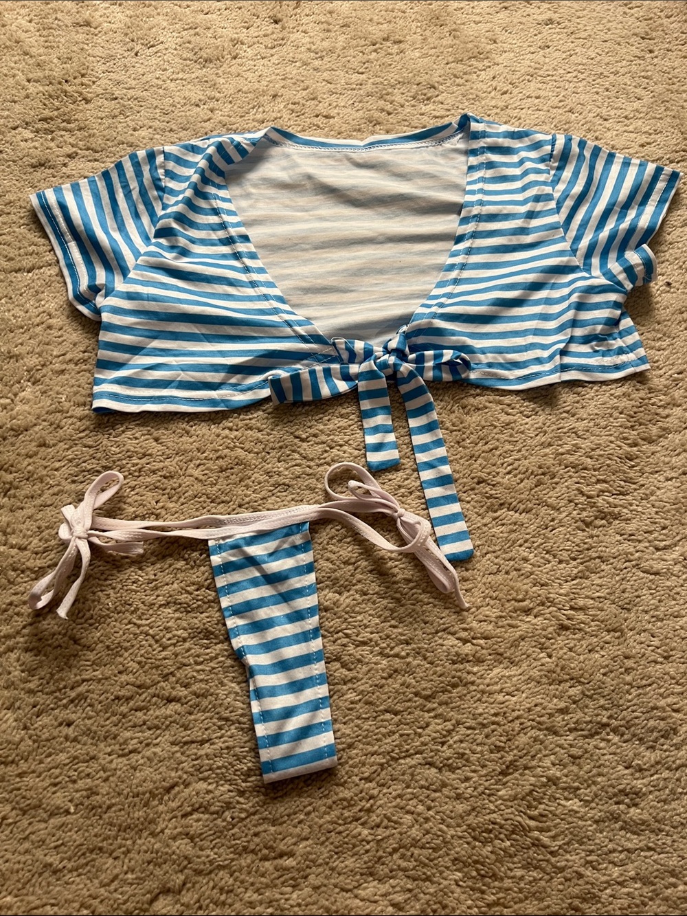 Striped Blue and White Tie-Front Bikini Top and Bottom